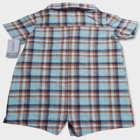 Carters Romper Boys Blue Orange Plaid Button Front Short Sleeve Collared 18m - Picture 2 of 4